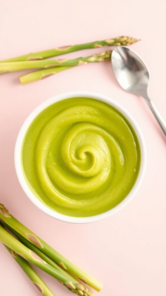 A creamy bowl of asparagus puree for babies with fresh asparagus spears beside it.